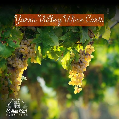 This is a beautiful image of a winery with grapes on the vineyard and Yarra Valley custom made wine carts, made by Melbourne Made Coffee Cart Furniture